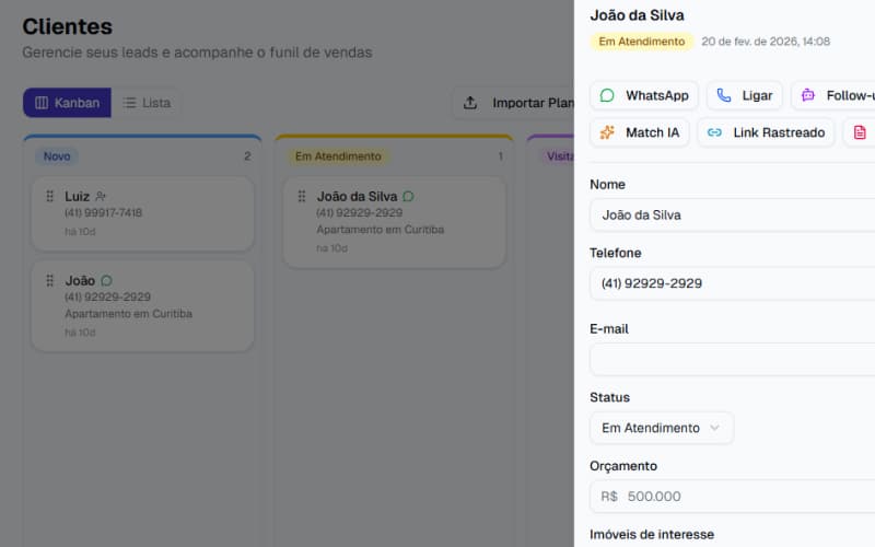 Funil de leads Kanban do CRM