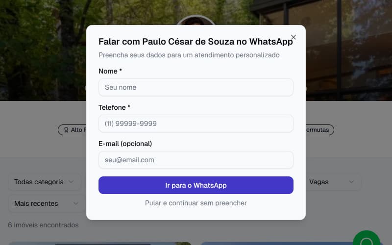 Tela de captura de leads via WhatsApp